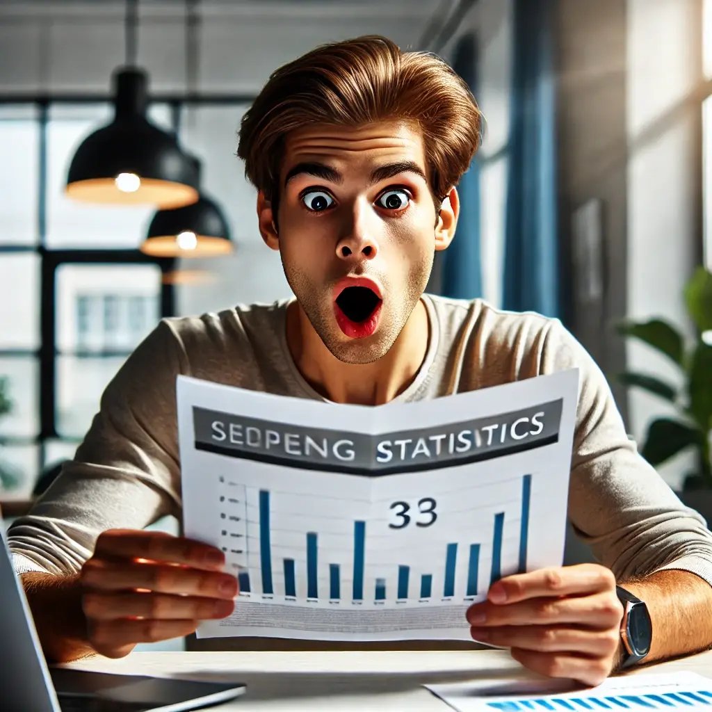 DALL·E 2025-02-17 19.02.32 - A surprised person looking at a report with shocking statistics, wide-eyed expression, mouth slightly open in astonishment. The background features a 