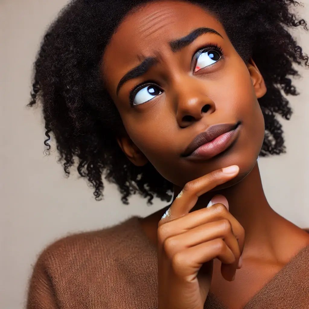 DALL·E 2025-02-17 19.20.49 - A Black woman with a confused expression, looking up and slightly tilting her head, as if wondering about something. She has a thoughtful look, with o